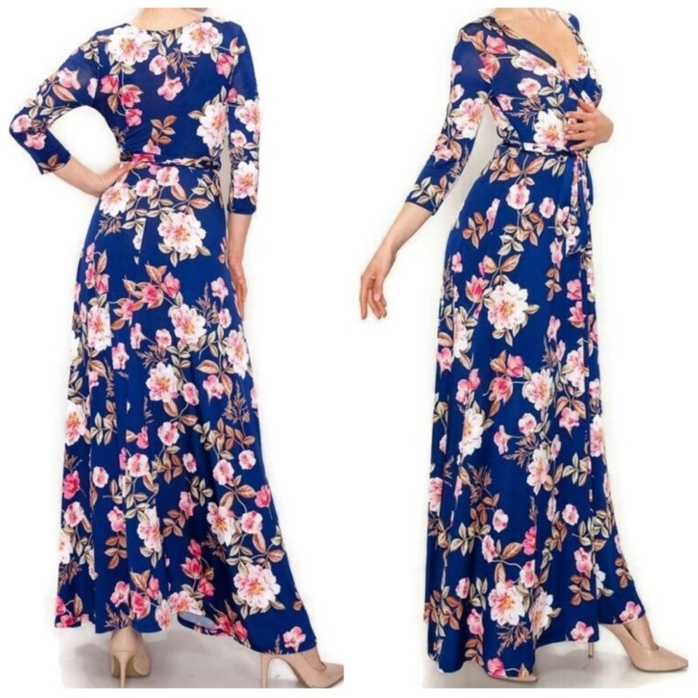 Janette Fashion Navy Blue Pink Floral Faux Wrap Maxi Dress